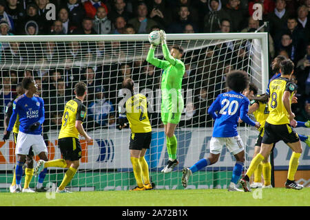 Burton Upon Trent, UK. 29th Oct, 2019. Kieran O'Hara of Burton Albion (1) catches the ball during the EFL Carabao Cup round of 16 match between Burton Albion and Leicester City at the Pirelli Stadium, Burton upon Trent, England. Photo by Mick Haynes. Editorial use only, license required for commercial use. No use in betting, games or a single club/league/player publications. Credit: UK Sports Pics Ltd/Alamy Live News Stock Photo