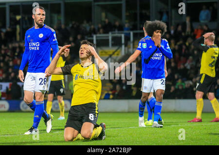 Burton Upon Trent, UK. 29th Oct, 2019. Scott Fraser of Burton Albion (8) has his shot saved during the EFL Carabao Cup round of 16 match between Burton Albion and Leicester City at the Pirelli Stadium, Burton upon Trent, England. Photo by Mick Haynes. Editorial use only, license required for commercial use. No use in betting, games or a single club/league/player publications. Credit: UK Sports Pics Ltd/Alamy Live News Stock Photo