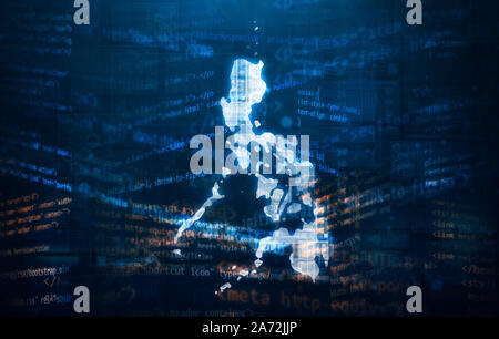 Glowing Philippine island map outline with random HTML web development and CSS codes in futuristic and advanced technology background. Stock Photo