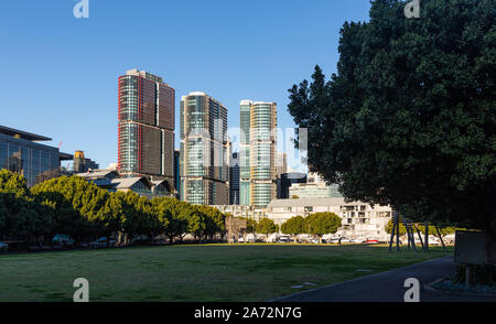 A distant view of the Barangaroo complex in Central Sydney, Australia Stock Photo