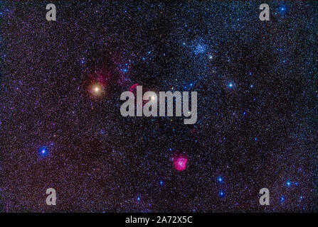 The field of clusters and nebulosity in Gemini, with Messier 35 the main open star clusters here. Below M38 is NGC 2158. The nebulosity at left betwee Stock Photo