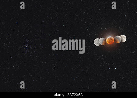 The Moon in total eclipse, on January 20, 2019, in a multiple exposure composite showing the Moon moving from right to left (west to east) through the Stock Photo