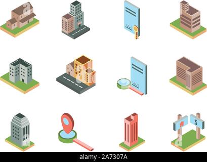 isometric buildings real estate location icons set vector illustration Stock Vector