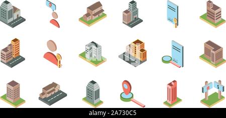 isometric buildings real estate location icons set vector illustration Stock Vector