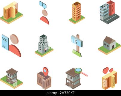 isometric buildings real estate location icons set vector illustration Stock Vector