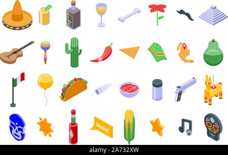 Mexico icons set, isometric style Stock Vector