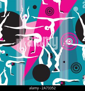 Seamless bright pattern of different gymnasts on a colored geometric background Stock Vector
