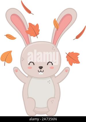 cute rabbit playing with leaves forest hello autumn vector illustration Stock Vector