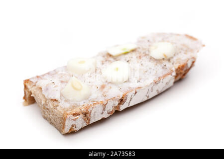 A bread topped with lard isolated on white background with garlic Stock Photo