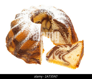 Marble cake with single slice isolated on white background Stock Photo