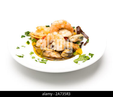 Shrimp and mussels on white plate Stock Photo