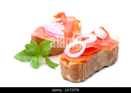 Two salmon breads with onion on white background Stock Photo