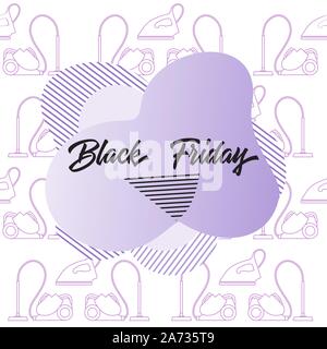 Seamless pattern with vacuum cleaner, iron, inscription Black Friday. Sale background Price reduction advert. Purchase Discount promo layout Advertisi Stock Vector