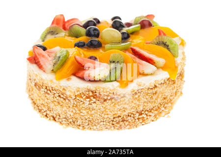 Whole summery fruit cake isolated on white background Stock Photo