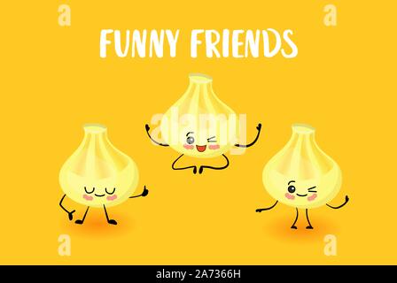 Greeting card with Georgian food. Khinkali. yellow background. Cartoon Cute Food Characters. Stock Vector