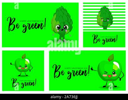 A large set of cards for the day of the vegg and vegetarianism. Vegetarian set. Green background. Cartoon Cute Vegetables Characters. Stock Vector