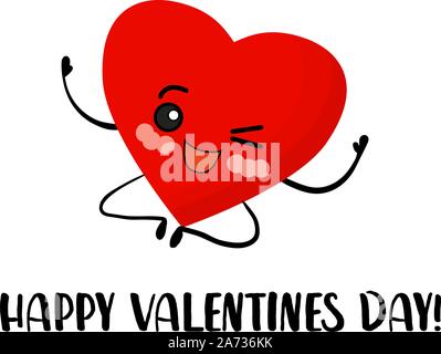 Valentine's Day. Red heart on a white background. Cute kawaii cartoon characters with eyes and arms and legs.. Stock Vector