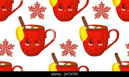 Winter cozy pattern. Hugge style. Red cups with a pattern. Snowflakes on a white background. Cinnamon and hot chocolate.. Stock Vector