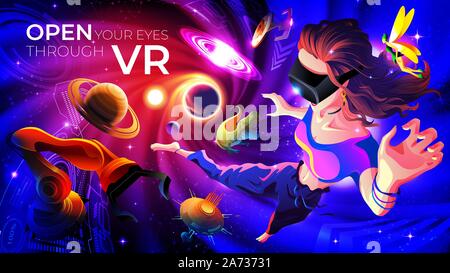 An imagery illustration of a woman wearing VR glasses and experiencing exciting experiences in the virtual world. Stock Vector