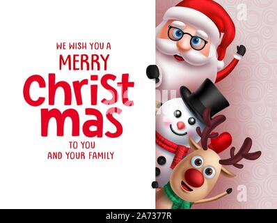 Christmas santa vector greeting template. Santa claus, snow man and reindeer characters holding merry christmas greeting text in white board. Stock Vector