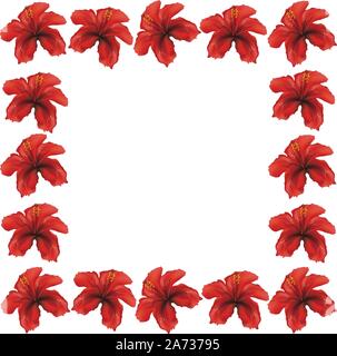 Floral frame made from red hibiscus flowers on white background. Stock Vector