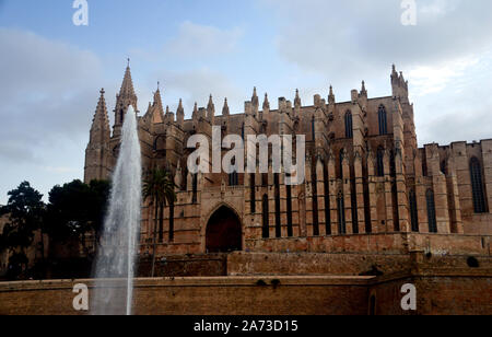 The Gothic Medieval Roman Catholic Cathedral of Santa Maria of Palma in Mallorca, Spain, EU. Fountain,Spout Stock Photo