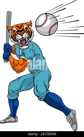 Tiger Baseball Player Mascot Swinging Bat at Ball Stock Vector