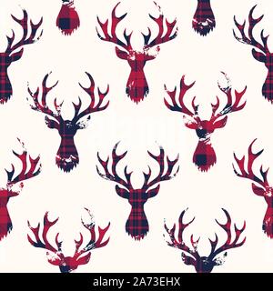 A Rustic Woodland Vector Seamless Pattern with Red and Blue Checkered Textured Silhouettes of Deer Heads on White Background. Plaid and Checks Autumn Stock Vector