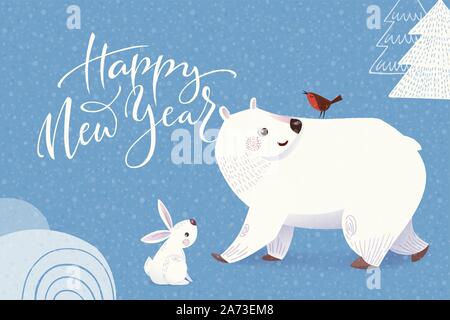 Winter Happy New year greeting card with cartoon polar bear and rabbit Stock Vector