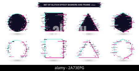 Set of geometric shapes frames with glitch effect on white background. Circle, square, triangle, and hexagon elements in distorted glitch style. You c Stock Vector