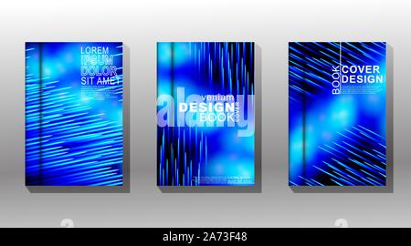 Vector collection of book covers, brochures etc. Colorful abstract diagonal lines on gradient futuristic background. Light trails effect and bokeh Stock Vector