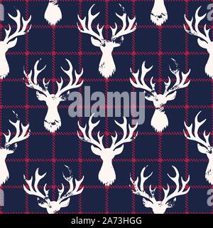 White Textured Silhouettes of a Deer Head on a Classic Blue and Red Checkered Plaid Background Vector Seamless Pattern. Winter Holidays Pattern Print Stock Vector