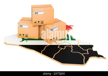 Parcels on the Iraqi map. Shipping in Iraq, concept. 3D rendering isolated on white background Stock Photo