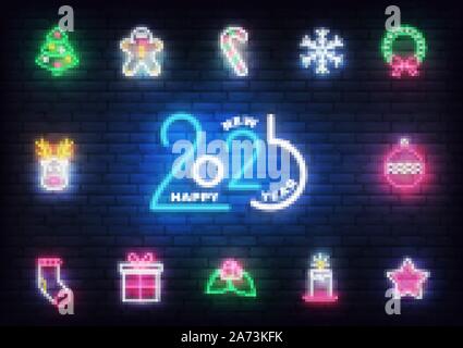 Christmas neon icons. Set of glowing neon icons design for Xmas and New Year Stock Vector