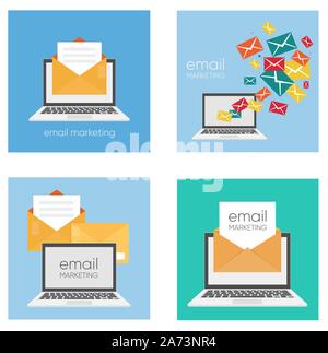Set of flat design concept icons for web and mobile phone services and apps. Icons for mobile marketing, email marketing. Stock Vector