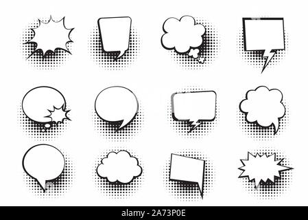 Retro empty comic bubbles and elements set with halftone shadows on white background. Vector illustration, vintage design, pop art style. Stock Vector