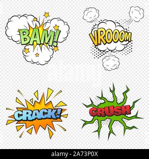 Comic collection colored sound effects pop art vector style. Set comic bubble speech word comic cartoon expression illustration. Stock Vector