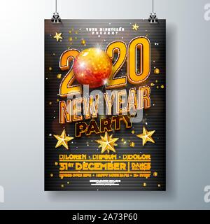 New Year Party Celebration Poster Template Design with 3d 2020 Number and Disco Ball on Black Background. Vector Holiday Premium Illustration for Stock Vector