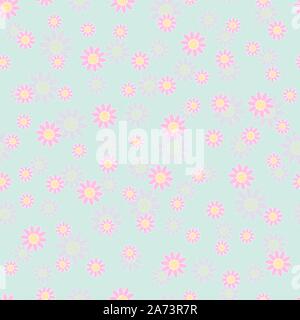 Seamless repeating pattern with pastel pink flowers with shadow. Vector illustration of spring, fresh flowers on mint background. Cute design. Stock Vector