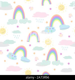 Cute, cartoon rainbow with clouds. Seamless repeating pattern with pastel elements on sky. Vector illustration, white background. Stock Vector