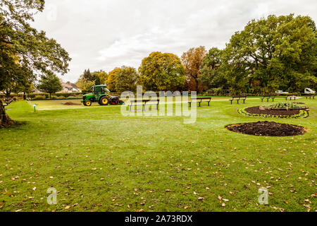 Maintenance work being carried out on the bowling green at the South Park, Darlington,England,UK Stock Photo