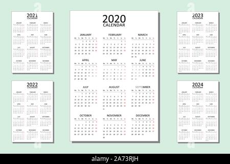 Set of calendar for 5 year. Vector design print template for 2020, 2021, 2022, 2023 and 2024. Week starts on Monday. 12 months on one page. Simple. Stock Vector