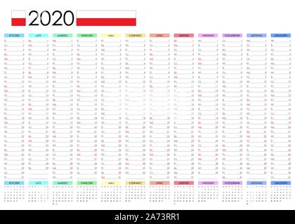 Planner 2020. Large desktop, wall calendar. Office calendar template in Polish. Weekends in red. Polish calendar. Readable and simple layout. Stock Vector