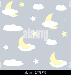 Cute clouds, moon and stars with faces. Cartoon repeat seamless pattern for kids or baby shower. Vector illustration on pastel background. Stock Vector