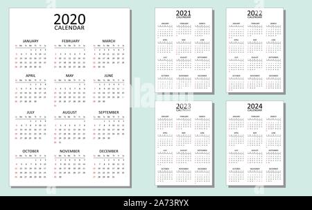 Calendar for 2020, 2021, 2022, 2023 and 2024. A set of 5 calendars with a simple look and layout. Week starts from Sunday. Vector template isolated. Stock Vector