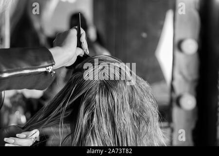 Hairdresser is dyeing female hair. Hairstylist with brush applying mask to hair of her client in beauty hair salon. The process of keratin straighteni Stock Photo