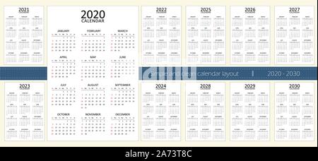 Calendar for 11 years from 2020 to 2030. Simple and clean layout. Week starts with sundays. A set of english calendars divided into weeks and 12 month Stock Vector