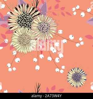 Seamless pattern with floral composition with twig, leaves and rowan. Autumn, summer flowers on beautiful orange coral background. Vector illustration. Stock Vector