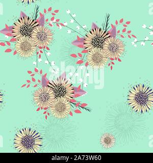 Seamless pattern with floral composition with twigs, leaves and rowan. Autumn flowers on a beautiful neo min background. Sunflowers outline. Stock Vector