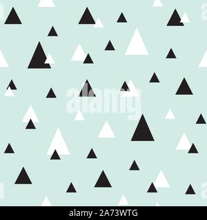 Seamless geometric pattern with a triangle. White and black triangles of different sizes scattered on a neo-mint background. Neo mint illustration. Stock Vector